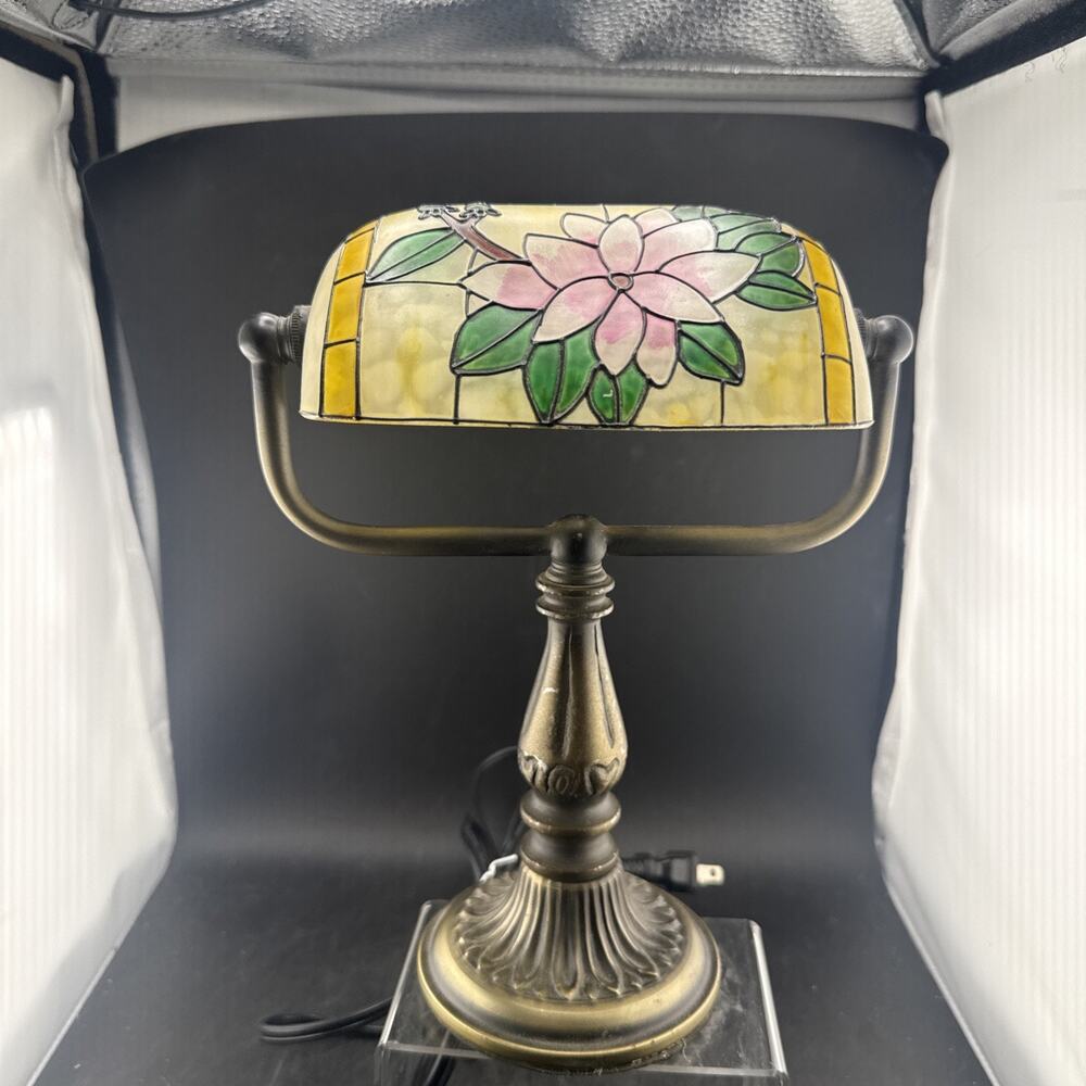 Vintage Tiffany Style Stained Glass Bankers Lamp Pink Floral Lotus Flower Desk